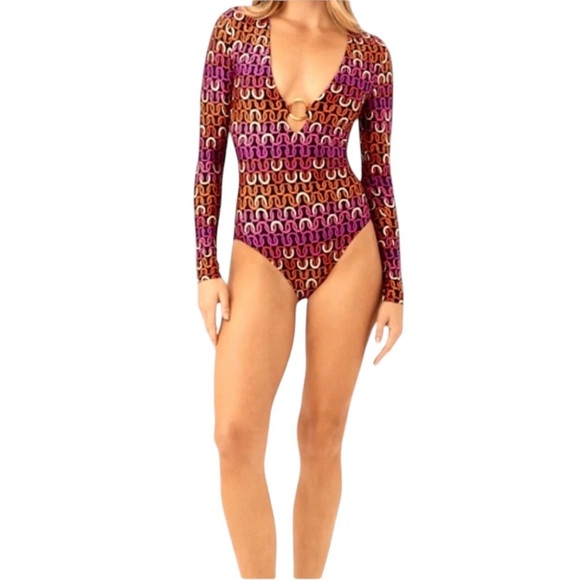 Trina Turk WomensEcho Long Sleeve Ring Front One Piece Swimsuit NEW Size Med